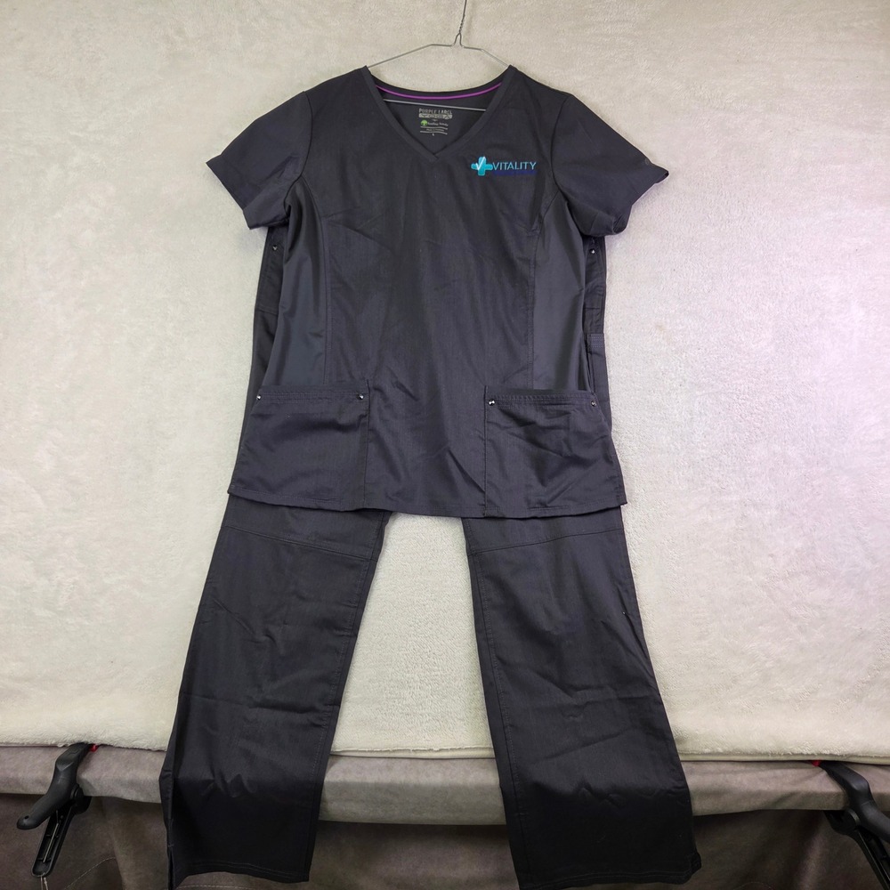 Healing Hands Purple Label Yoga Scrub Set Charcoal Gray Large Vitality Logo Mens